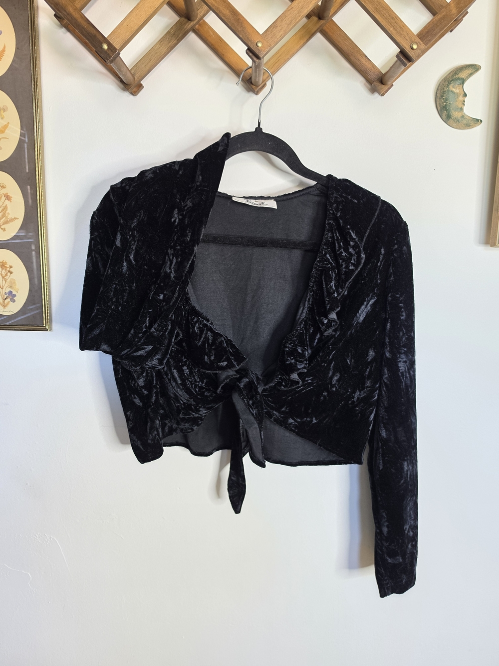 Crushed Velvet Tie-Front Crop Top - Black Bolero